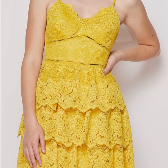 Teeze Me Yellow Lace Tiered Fit and Flare women’s Mini Dress - Picture 4 of 8